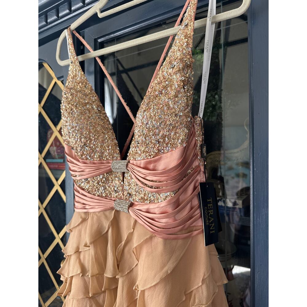 NWT Terani Couture Silk Beaded Ruffled Rhinestone cocktail dress nude pink sz 12 - Picture 2 of 8